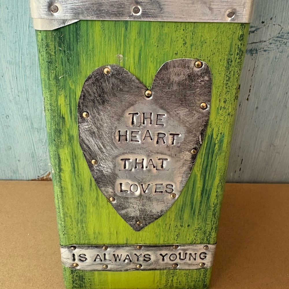 Artisan-Made Wood & Tin Decorative Green Candle Holder with Etched Saying - Picture 3 of 12